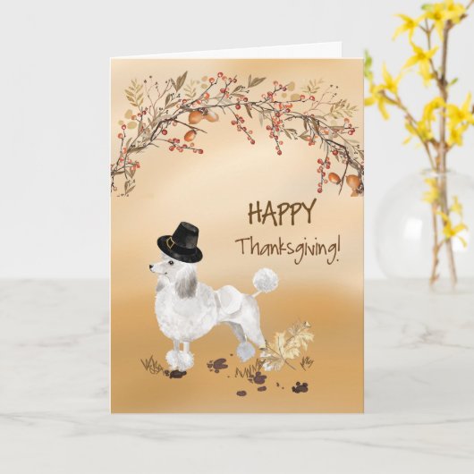 White Poodle Funny Pilgrim Hat Erntedank Karte (Gelbe Blume)
