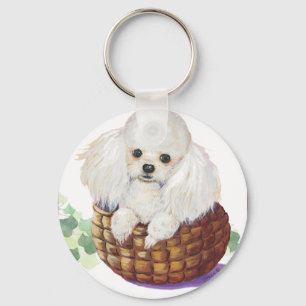 White Poodle in Basket Art Print Schlüsselanhänger