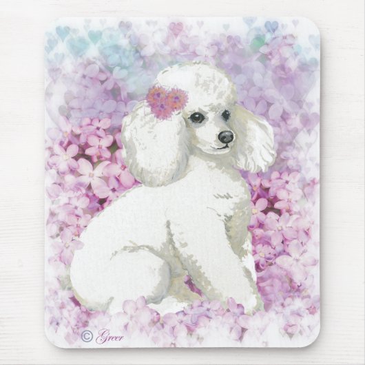 White Poodle in Lilacs Kunst und Geschenke Mousepad (Vorne)