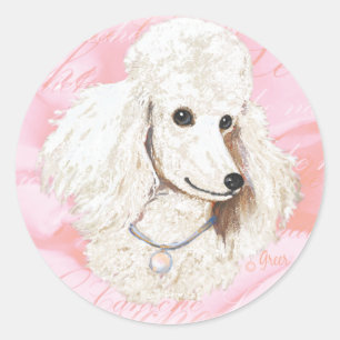 White Poodle n Rose Portrait Runder Aufkleber