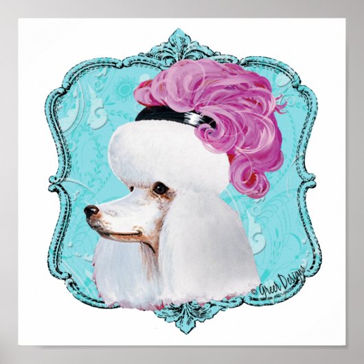 White Poodle Pink Feather Hat Poster Print (Vorne)