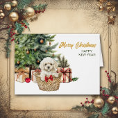 White Poodle Puppy Dog Wicker Korb Weihnachten