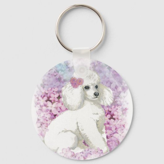 White Poodle Puppy Lilacs Art Design Schlüsselanhänger (Vorderseite)