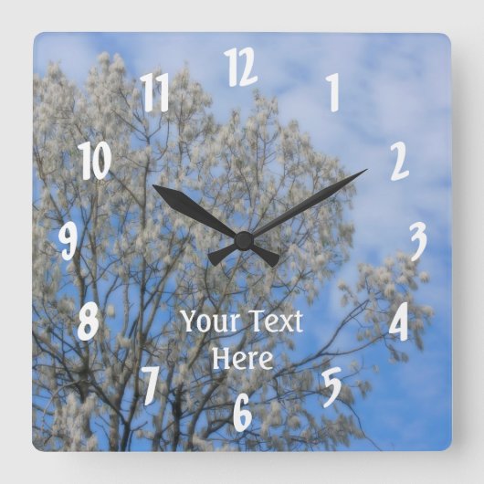 White Poplar Tree Fluff Blue Sky Nature Quadratische Wanduhr (Vorderseite)