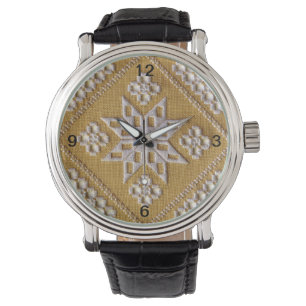 White PRINTED cutwork embroidery 2 on linen custom Armbanduhr