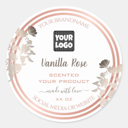 White Product Labels mit Logos und Rose Gold Frame Runder Aufkleber (Vorderseite)