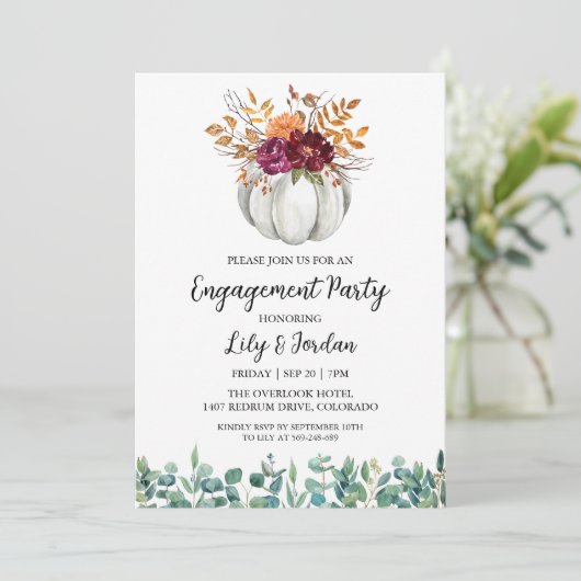 White Pumpkin and Greenerity Fall Engagement Party Einladung (Stehend Vorderseite)