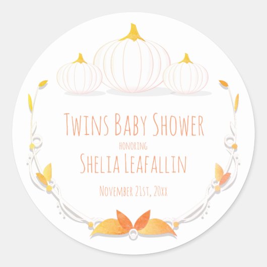 White Pumpkin Autumn Twins Baby Showaufkleber Runder Aufkleber (Vorderseite)