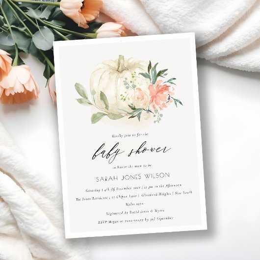White Pumpkin Blush Bloral Baby Dusche laden Dankeskarte