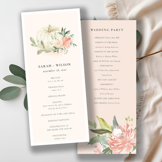White Pumpkin Blush Flora Hochzeitsprogramm Menükarte