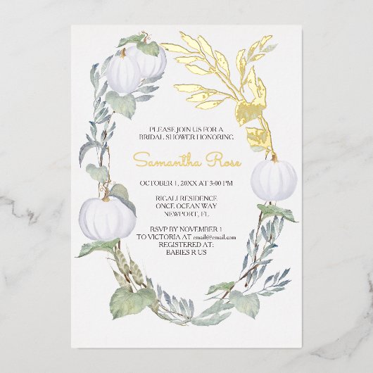 White Pumpkin Brautparty Green Blätter Folieneinladung (Vorderseite)