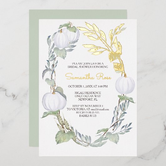 White Pumpkin Brautparty Green Blätter Folieneinladung (Vorderseite/Rückseite)