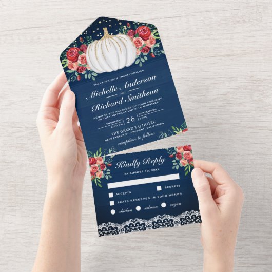 White Pumpkin Burgundy Bloral Navy Blue Wedding All In One Einladung (Abreißen)