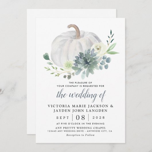 White Pumpkin Elegant Succulent Fall Chic Wedding Einladung (Vorne/Hinten)