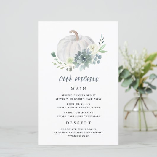 White Pumpkin Elegante Succulent Fall Menu Cards (Stehend Vorderseite)