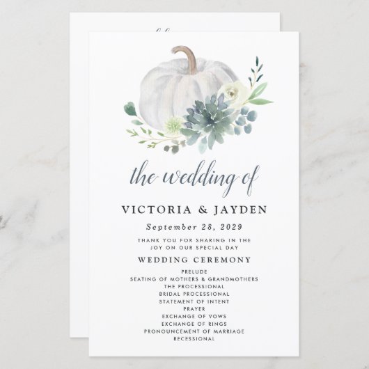 White Pumpkin Elegante Sukkulente Hochzeitsprogram (Vorne/Hinten)