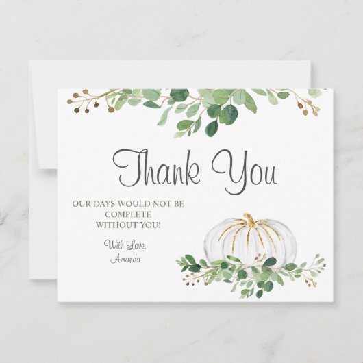 White Pumpkin Greenery Bloral Baby Shower Dankeskarte (Vorderseite)