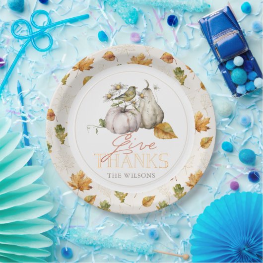 White Pumpkin Herbst Leaves Bird Erntedank Pappteller (Party)