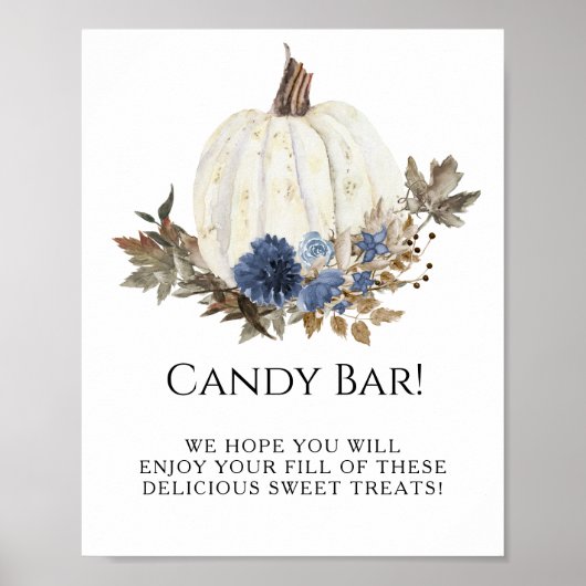 White Pumpkin Navy Blue Fall Floral Candy Bar Sign Poster (Vorne)