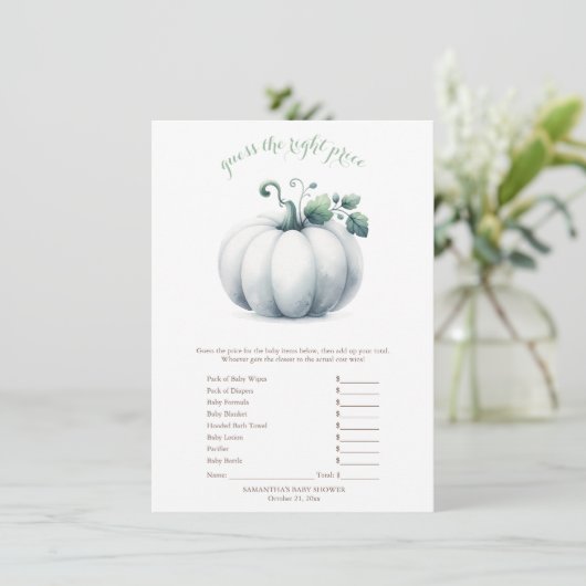 White Pumpkin Price Game Card - Fall Baby Dusche Einladung (Stehend Vorderseite)