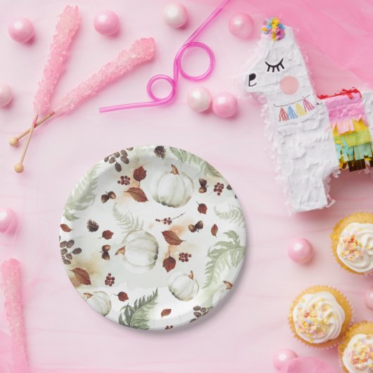 White Pumpkin Rustic Herbstlaubs Pattern Pappteller (Party)