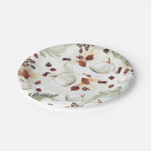 White Pumpkin Rustic Herbstlaubs Pattern Pappteller (Schrägansicht)