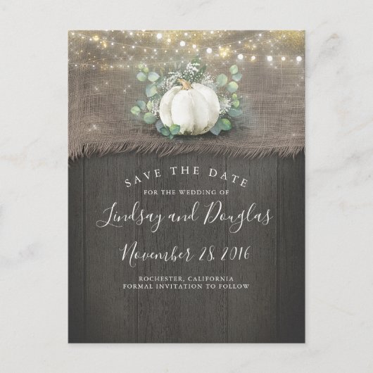 White Pumpkin Rustic Save the Date Ankündigungspostkarte (Vorderseite)