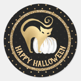 White Pumpkin und Gold Cat Polka Punkte Halloween Runder Aufkleber
