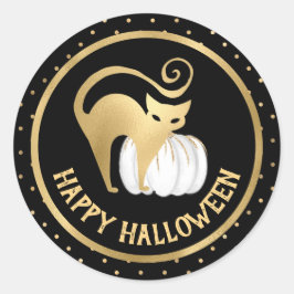 White Pumpkin und Gold Cat Polka Punkte Halloween Runder Aufkleber