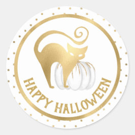 White Pumpkin und Gold Cat Polka Punkte Halloween Runder Aufkleber
