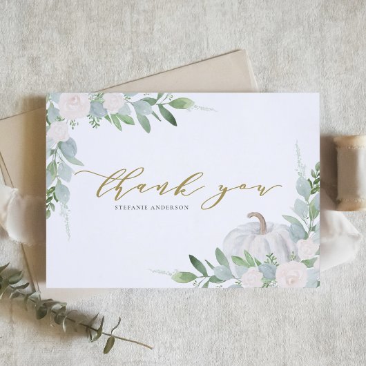 White Pumpkin und Greenery Autumn Baby Shower Dankeskarte