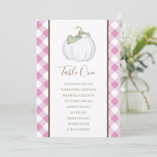 White Pumpkin Wedding Chart, Tischplan Einladung (Stehend Vorderseite)