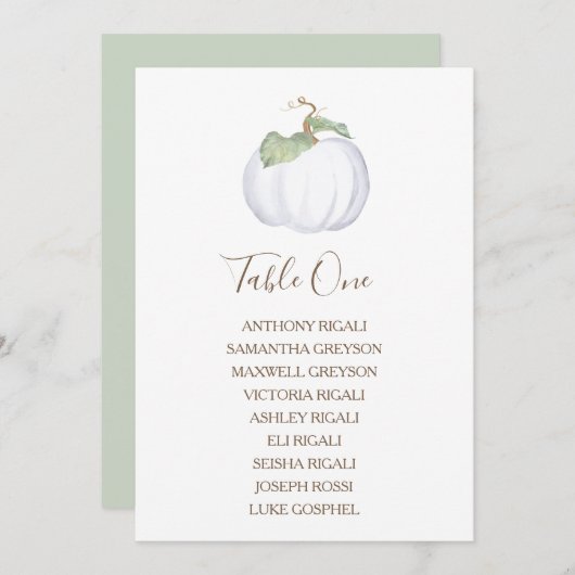 White Pumpkin Wedding Chart, Tischplan Einladung (Vorne/Hinten)