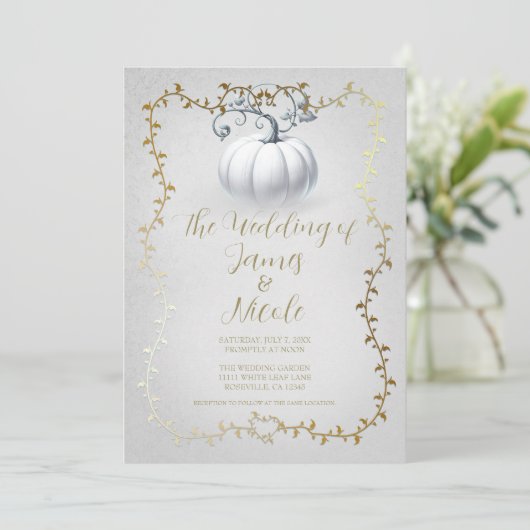 White Pumpkin Wedding Gold & White Storybook Einladung (Stehend Vorderseite)