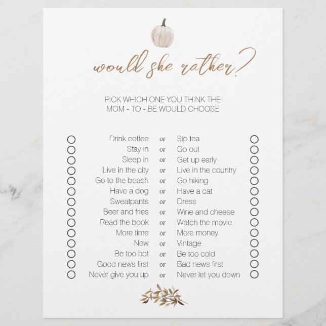 White Pumpkin Zwei-seitige Bingo Baby Shower Games (Vorderseite)