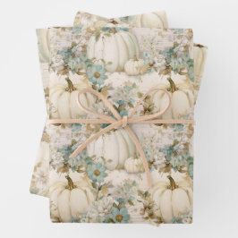 White Pumpkins Aqua Blue Fall Wassercolor Florals Geschenkpapier Set