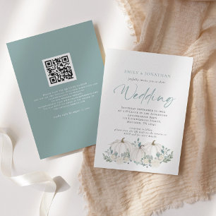White Pumpkins Aquamarine Foliage QR Code Wedding Einladung