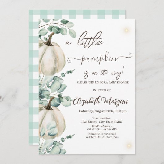 White Pumpkins Greenery Baby Shower Einladung (Vorne/Hinten)