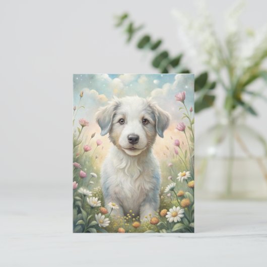 White Puppy Pastel Wildflowers Daisies Sunshine Postkarte (Stehend Vorderseite)