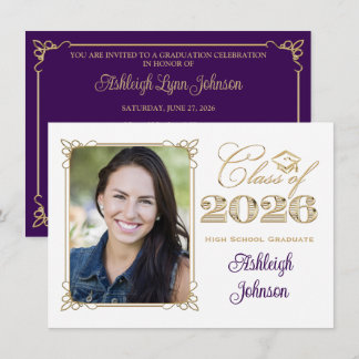 White, Purple, Gold 2026 Photo Graduation Invite Einladung