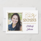 White, Purple, Gold 2026 Photo Graduation Invite Einladung (Vorderseite)