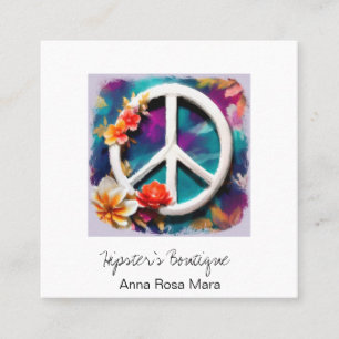*~* White QR Peace Sign Blume Grunge Boho AP57 Quadratische Visitenkarte