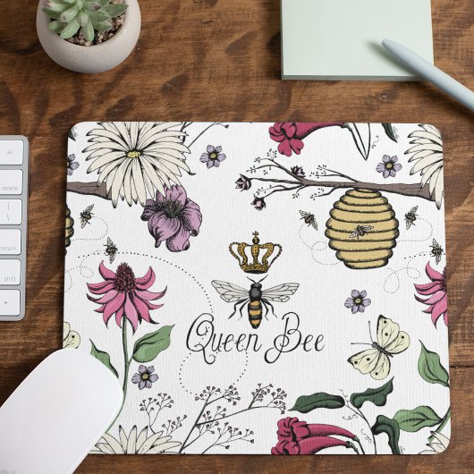 White Queen Bee Royal Crown Floral Pattern Mousepad