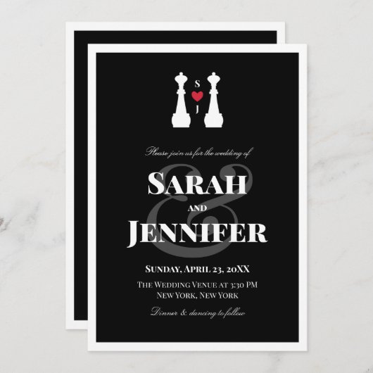 White Queen Schach Pieces Lesbian Wedding Einladung (Vorne/Hinten)