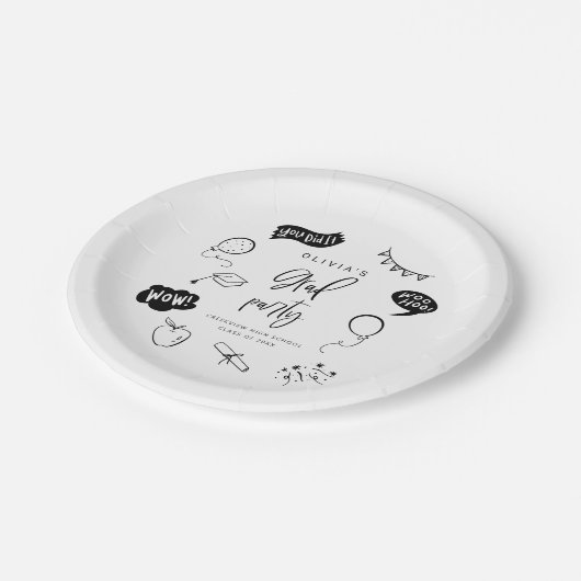 White Quirky Grad Icons Graduation Party Pappteller (Schrägansicht)