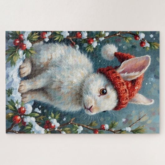White Rabbit in Quiet Winter Berries Hat Puzzle (Horizontal)