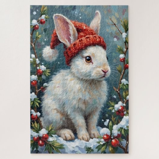 White Rabbit in Quiet Winter Berries Hat Puzzle (Vertikal)