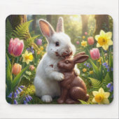 White Rabbit Licking a Chocolate Easter Bunny Mousepad (Vorne)