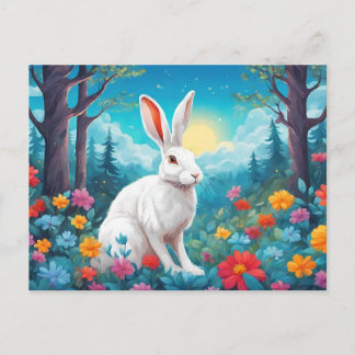 White Rabbit with Forest Flowers Nature  Feiertagspostkarte