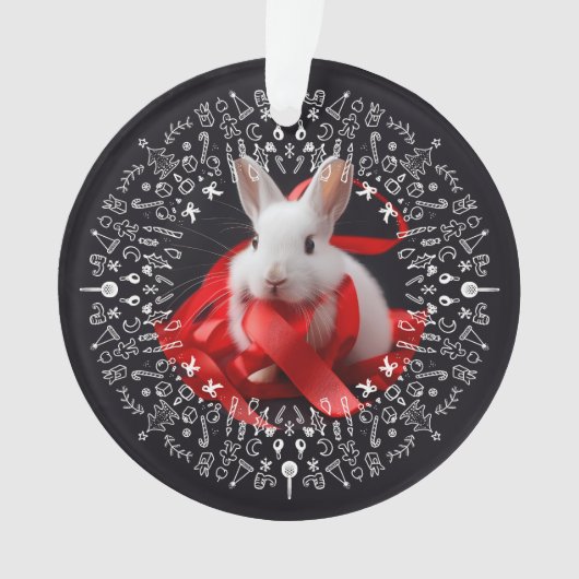 White rabbit with red ribbon on Black Holiday Ornament (Vorderseite)
